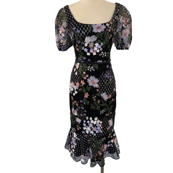 Marchesa Notte Tulle Embroidered Applique Puff Sleeve Midi Dress Black Floral 6 - Picture 1 of 13